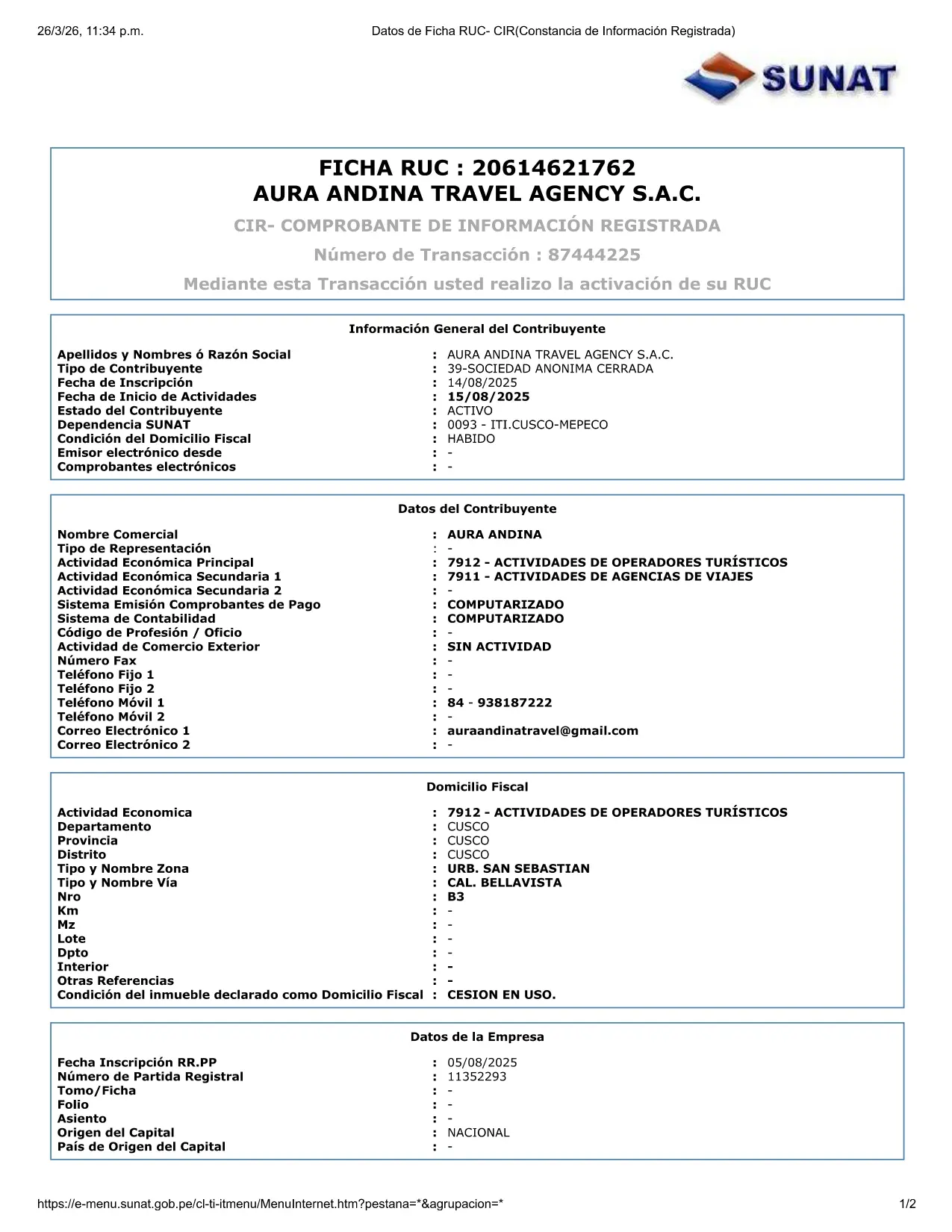 Ficha RUC Aura Andina Travel - Agencia de Viajes Formal en Cusco
